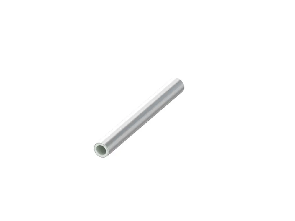 Rundes silbernes Rohr in horizontaler Lage, möglicherweise aus Aluminium, mit einem weißen Inneren. Produkt der Marke TECE für Heizungs- oder Sanitäranwendungen.